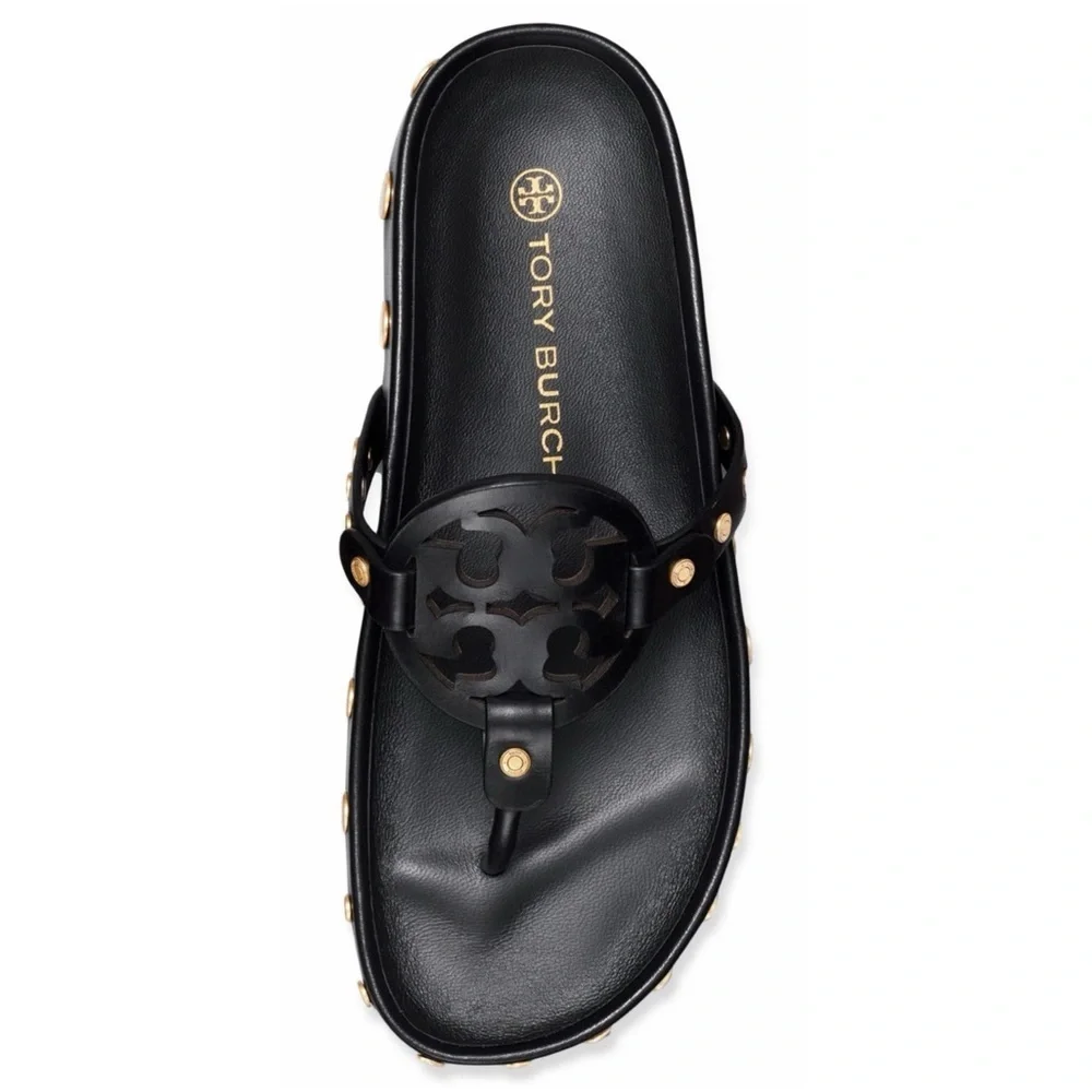 🔥🔥NWT Authentic Tory Burch Miller Cloud Gold Coin Thong Sandals Black 11 M